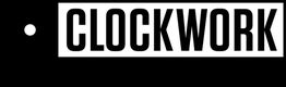 Sort-hvidt logo med teksten "CLOCKWORK" og en cirkel til venstre.