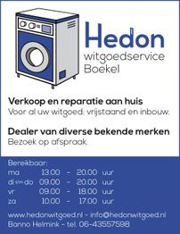 Witgoedservice advertentie met contactinformatie en openingstijden van Hedon, Boekel.