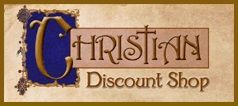 "Christian Discount Shop logo with ornate lettering and blue background."