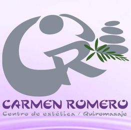 Logotipo de Carmen Romero, centro de estética y quiromasaje con piedras y hojas.