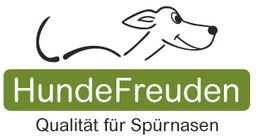 Zeichnung eines lächelnden Hundes, Text: "HundeFreuden, Qualität für Spürnasen".