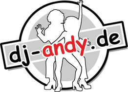 Tanzende Silhouetten mit Schriftzug: "dj-andy.de" in Schwarz und Rot auf grauem Kreis.