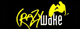 Logo mit gelbem Schriftzug „Crazy Wake“ und Silhouette einer Person auf einem Wakeboard.