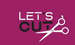 Text "LET'S CUT" mit Schere auf pinkem Hintergrund.