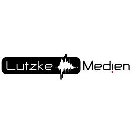 Logo mit der Aufschrift "Lutzke Medien", Soundwellenmotiv zwischen den Wörtern.