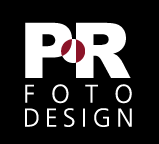 Logo mit "P R Foto Design" in Weiß und Rot auf schwarzem Hintergrund.