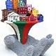 Scultura di mani che sorreggono edifici colorati su base con i colori della bandiera italiana.