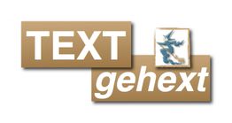 Goldenes Logo mit den Worten "Text gehext" und einem Bild von einem stilisierten blauen Fuchs.