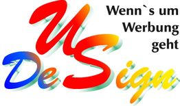 Buntes Logo mit dem Text "US DeSign" und "Wenn's um Werbung geht".