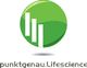 Grünes rundes Logo mit weißen Linien und Text "punktgenau.Lifescience" darunter.