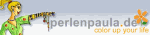 Illustration einer Frau mit Perlenschmuck, daneben der Schriftzug "perlenpaula.de" und eine Blume.