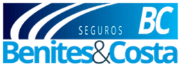 Logotipo azul de "Benites & Costa Seguros" com iniciais "BC" à direita.