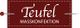Badge mit der Aufschrift "Teufel Masskonfektion" in Weiß auf rotem Hintergrund mit Stecknadeln.