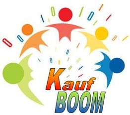 Bunte Figuren und Binärcode umringen den Text "Kauf BOOM" in lebendigen Farben.