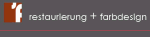 Logo mit Buchstabe "r", daneben Text "restaurierung + farbdesign" auf grauem Hintergrund.