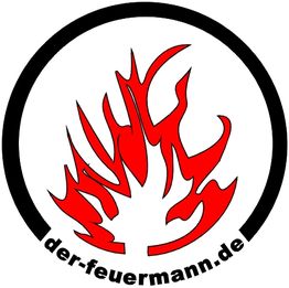 Rotes stilisiertes Flammenbild auf weißem Hintergrund mit der Aufschrift "der-feuermann.de".