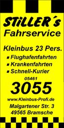 Gelbes Schild mit Taxi-Services: Flughafen, Krankenfahrten, Kurier. Stiller's Fahrservice, Bramche.