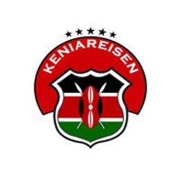 Logo mit Kenia-Flagge, Schildform und Schriftzug "KENIAREISEN", fünf schwarze Sterne oben.
