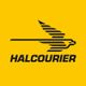 Logotipo de Halcourier, un pájaro estilizado negro sobre un fondo amarillo.