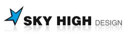 Logo mit blauem Stern links, Text "Sky High Design" in Schwarz und Grau rechts.