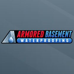 Logo of Armored Basement Waterproofing with a water drop and metallic pattern.