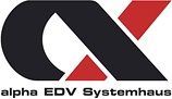 Logo von alpha EDV Systemhaus, schwarz-rotes Design mit stilisiertem Buchstaben.