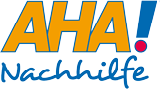 Logo: "AHA! Nachhilfe" in gelber und blauer Schrift mit einem Ausrufezeichen in Blau und Rot.
