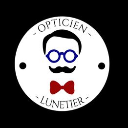Emblème opticien: dessin d'homme avec lunettes bleues, moustache noire et nœud papillon rouge.