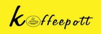 Gelber Hintergrund mit schwarzem Schriftzug "koffeepott", das "o" zeigt eine Kaffeetasse.