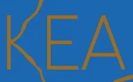 Scritta "KEA" in arancione su sfondo blu con decorazioni lineari simili a vene.