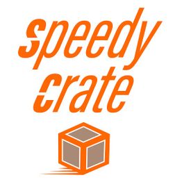 Orange text "speedy crate" with a fast-moving cube icon below.
