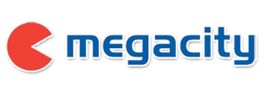 Logo de Megacity con texto azul y un icono rojo a la izquierda.