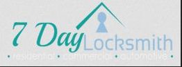 Logo of "7 Day Locksmith" with house and keyhole icon; services: residential, commercial, automotive.