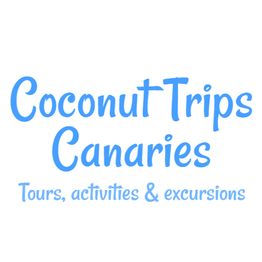 Texto azul: "Coconut Trips Canaries: Tours, activities & excursions" en fondo blanco.