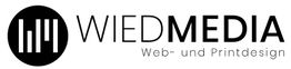 Logo von WIEDMEDIA, Web- und Printdesign, mit schwarzem Kreis und vertikalen Linien darin.