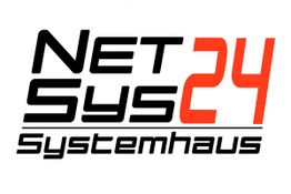 Logo mit dem Text "NetSys24 Systemhaus", schwarze und rote Schrift auf weißem Hintergrund.