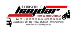 Fahrschule Haydar Logo mit Kontaktdaten für PKW & Motorrad, Stuttgart-Untertürkheim, Deutschland.