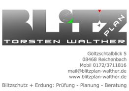 Visitenkarte mit Blitzschutz- und Erdanlage-Service, Kontaktinformationen und Webadresse.
