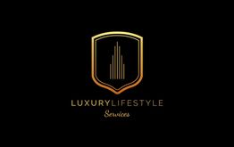 Logotipo dorado de Luxury Lifestyle Services con un escudo y líneas verticales estilizadas.