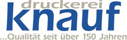 Druckerei-Logo mit Text: "druckerei knauf ...Qualität seit über 150 Jahren" in Grautönen und Blau.