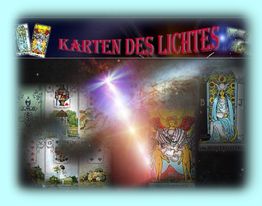 Tarotkarten mit dem Titel "Karten des Lichts" vor einem mystischen, leuchtenden Hintergrund.