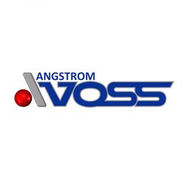 Logo: Angstrom Voss; blaues und silbergraues Design mit einem roten Punkt links.