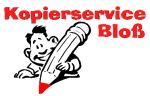 Comic-Figur mit großem Bleistift, darüber der Text "Kopierservice Bloß" in roter Schrift.