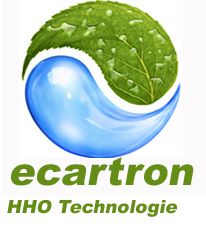 Grünes Blatt und blaue Wassertropfen, Text: "ecartron HHO Technologie".