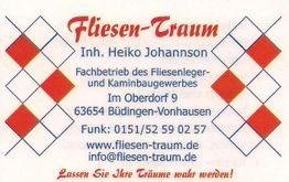 Visitenkarte von Fliesen-Traum mit Kontaktinfos und Slogan: "Lassen Sie Ihre Träume wahr werden!"