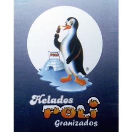 Pingüino comiendo helado con iglú; texto: "Helados Poli Granizados".