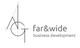 Logo di "far&wide business development" con linee geometriche nere su sfondo bianco.