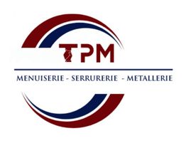 Logo TPM avec textes : Menuiserie, Serrurerie, Métallerie dans un cercle bleu et rouge.