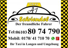 A1 Taxi Schrindel: Der freundliche Fahrer in Langen. Telefonnummer und Mobilnummer abgebildet.