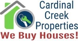 Logo with a green house, key icon, and text: "Cardinal Creek Properties, We Buy Houses!"